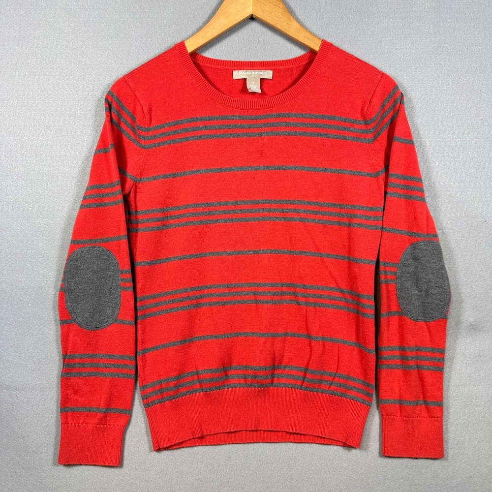 Banana Republic Womens S Red Orange Striped Elbow Patch Preppy Crew Neck
